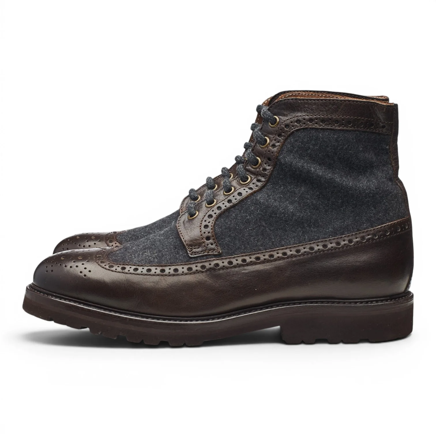 Dark Brown Leather Navy Blue Wool Brogue Boots UK 10 EU 44 - Image 3