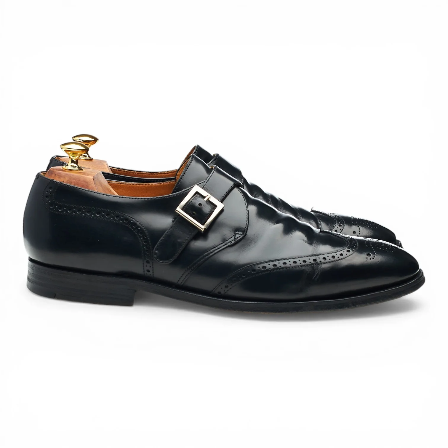 'Piccadilly' Black Leather Brogue Monk Strap UK 10.5 F