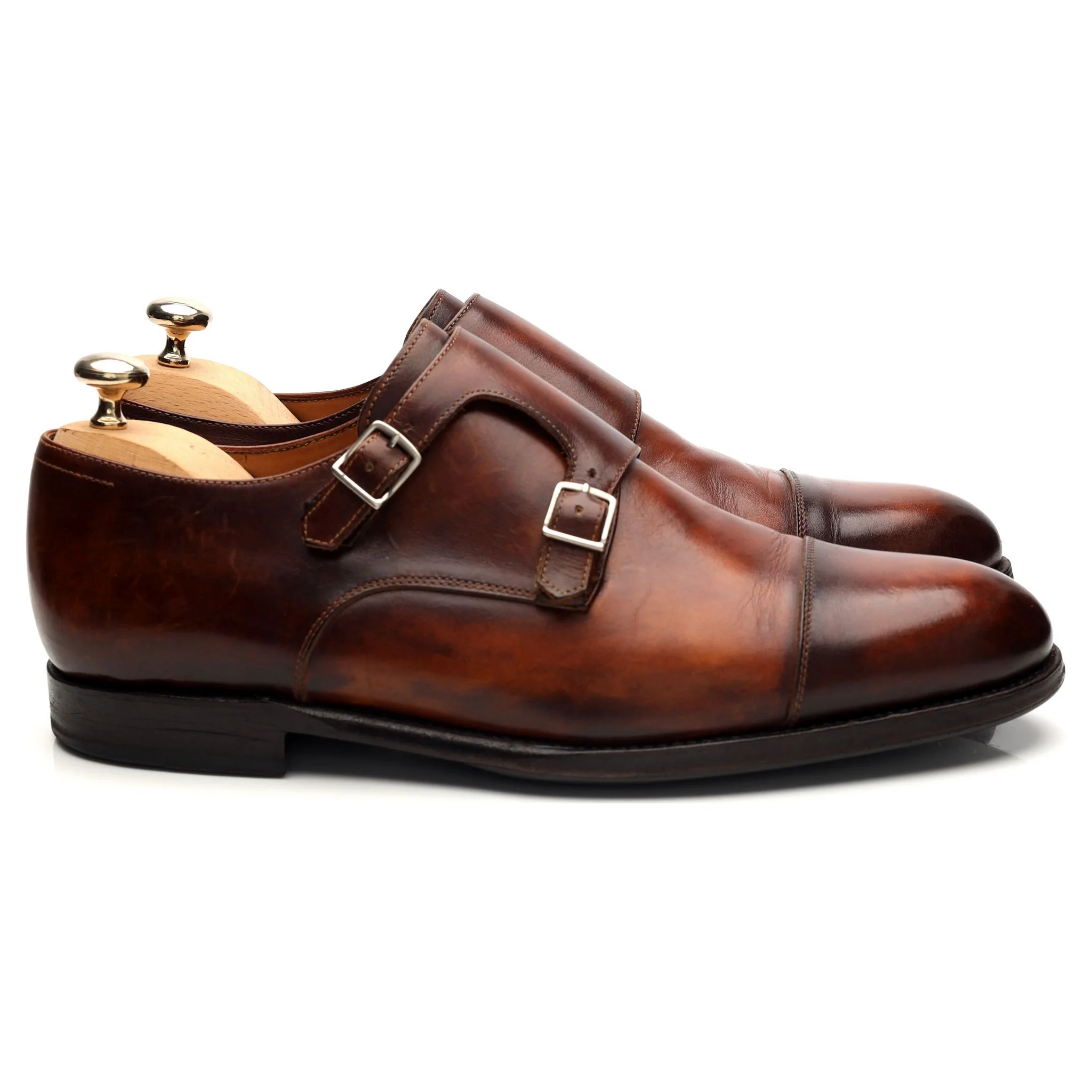 'Rennan' Tan Brown Patina Leather Double Monk Strap UK 8