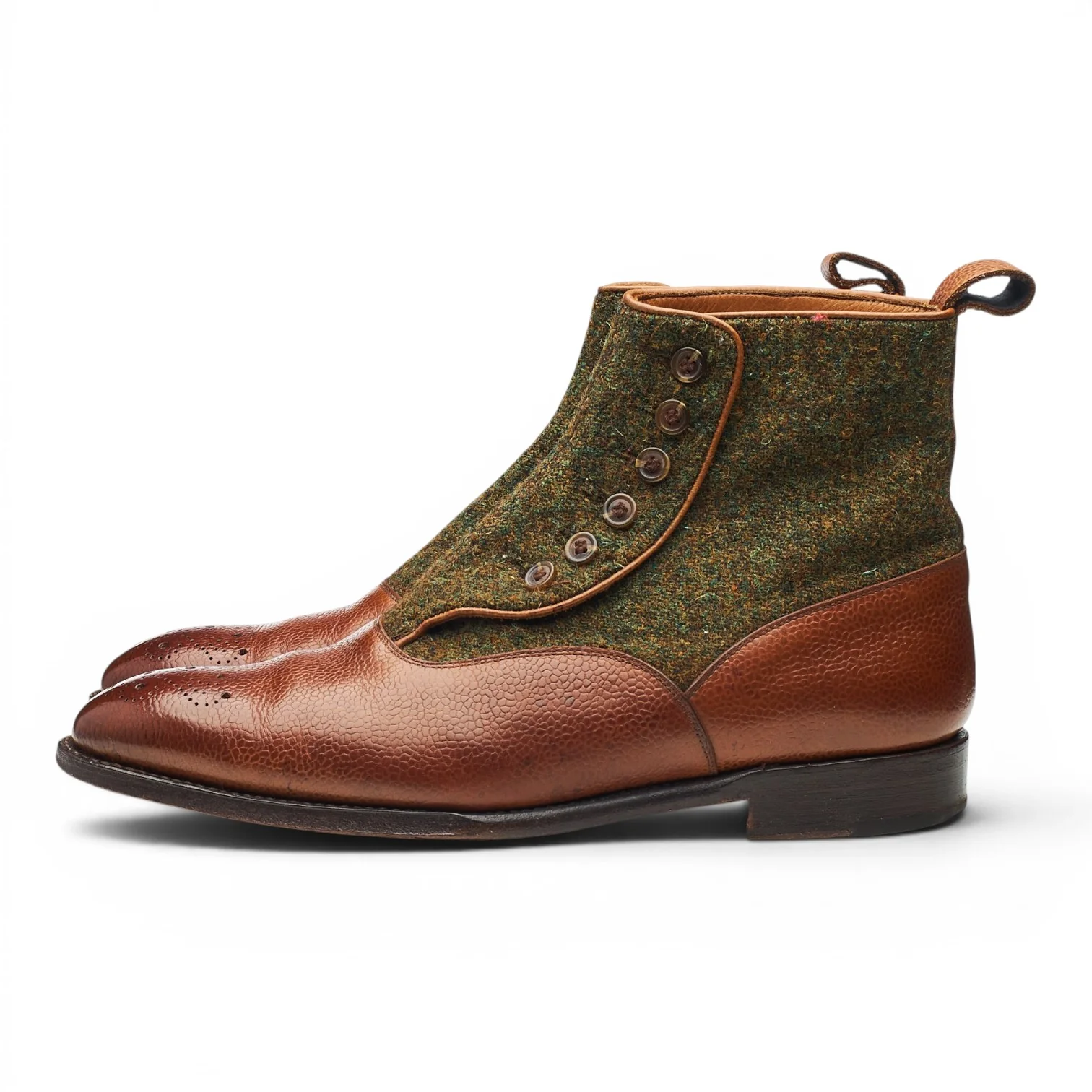'Westlake' Tan Brown Grain Leather and Tweed Button Boots UK 8 E - Image 3